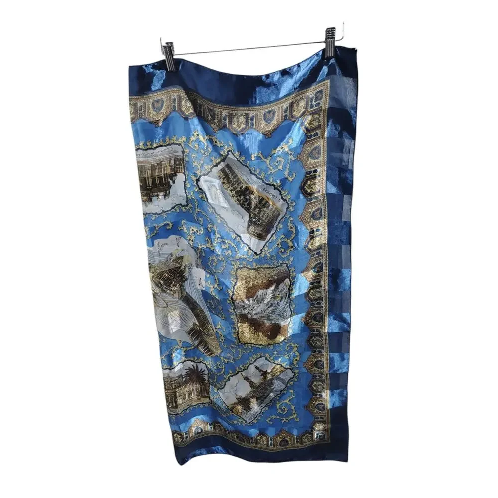 Vintage Blue European Landmark Scarf Baroque Satin Souvenir Scarf Italy Paris